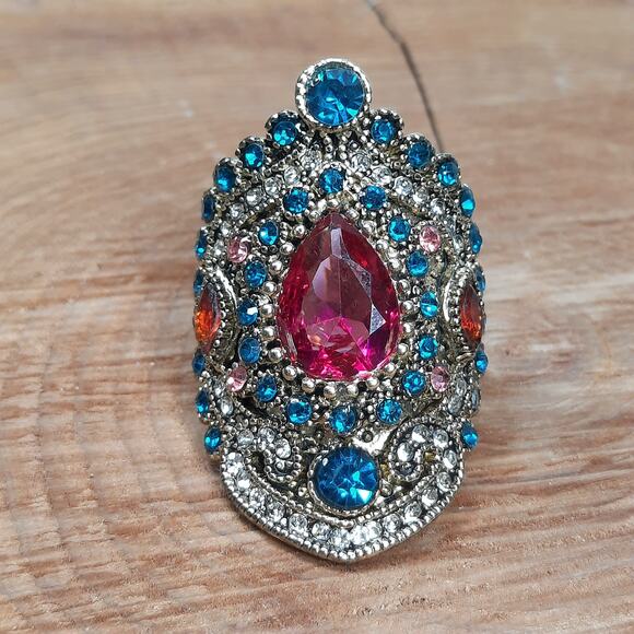NWT Large Colorful Bohemian Statement Ring Women's Size 10 Gold Tone, Blue, Pink - Picture 1 of 5